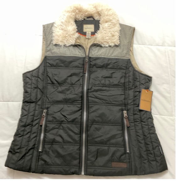 GH Bass Co Womens Puffer Vest Faux Fur Collar Quilted Zip Front Herringbone - Picture 2 of 9